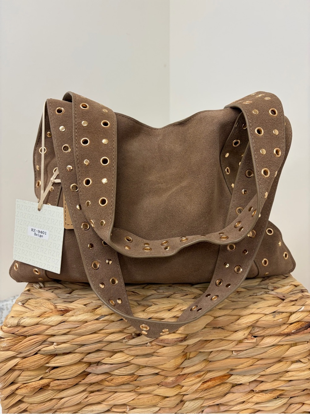 Rachel Zoe Taupe Suede Eyelet-Trim Shoulder Bag